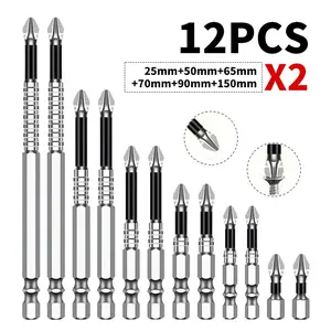 12PCS Multi Length PH2 Serrated Magnetic Screwdriver Bit Set, 25/50/65/70/90/150mm Cross Drill Bits 1/4 Hex Shank Impact Bits for Cordless Drill Furniture Woodworking DIY Repair
