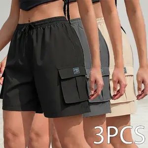 1 pack (3 pieces): women’s summer cargo casual shorts with multiple pockets and a drawstring waist; slim fit, aesthetic style; green; mid-thigh length
