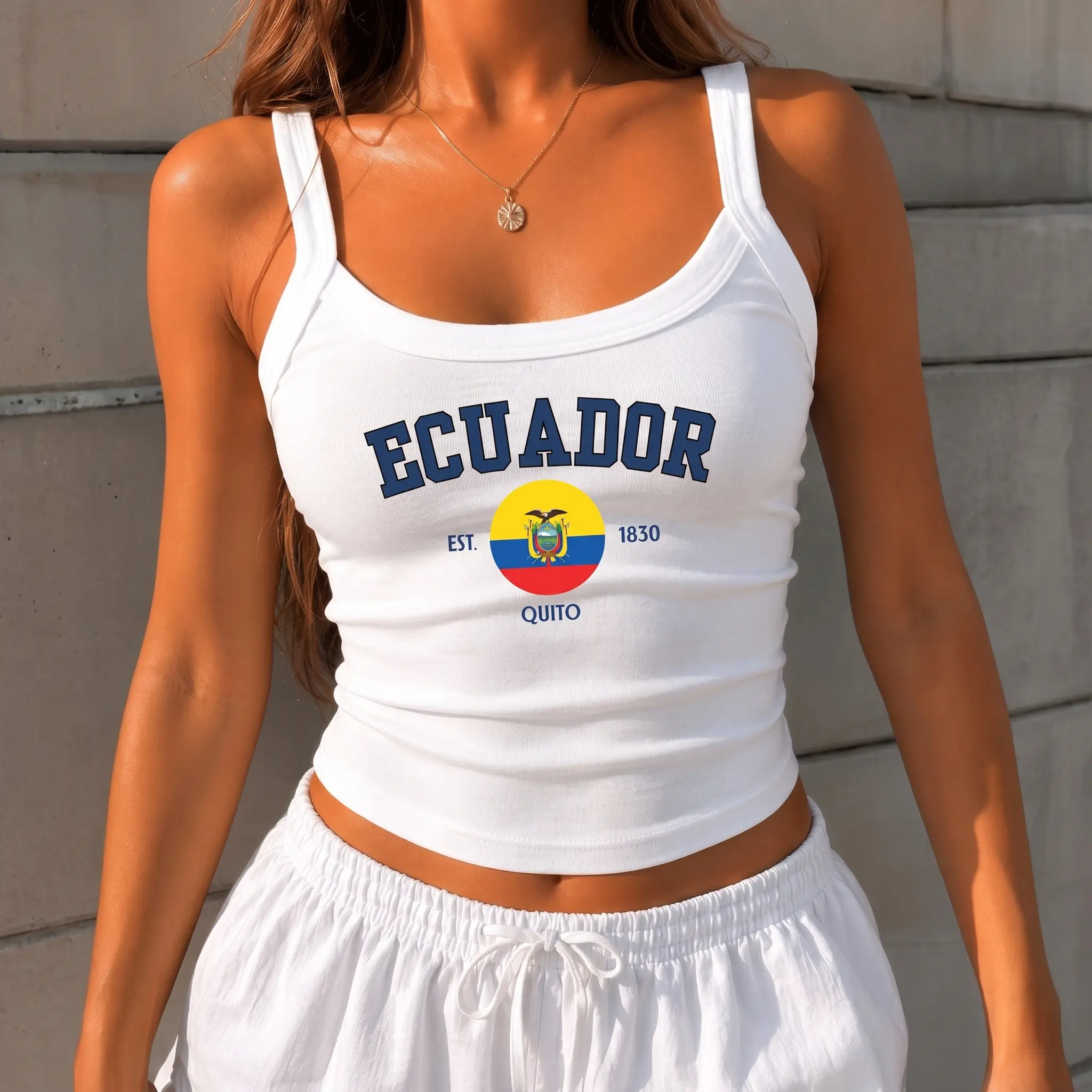 [Made From US] PRINTED Bella Canvas Ecuador Soccer Country Teams Spaghetti Strap Tank Top, National Tee, Ecuador Travel Women Top