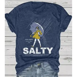 Salty Girl Women’s T-Shirt, Vintage Casual Summer Top, Retro Short Sleeve Tee, Classic Umbrella Graphic Shirt, Trendy Summer Outfit Wear, Everyday Casual Shirt
