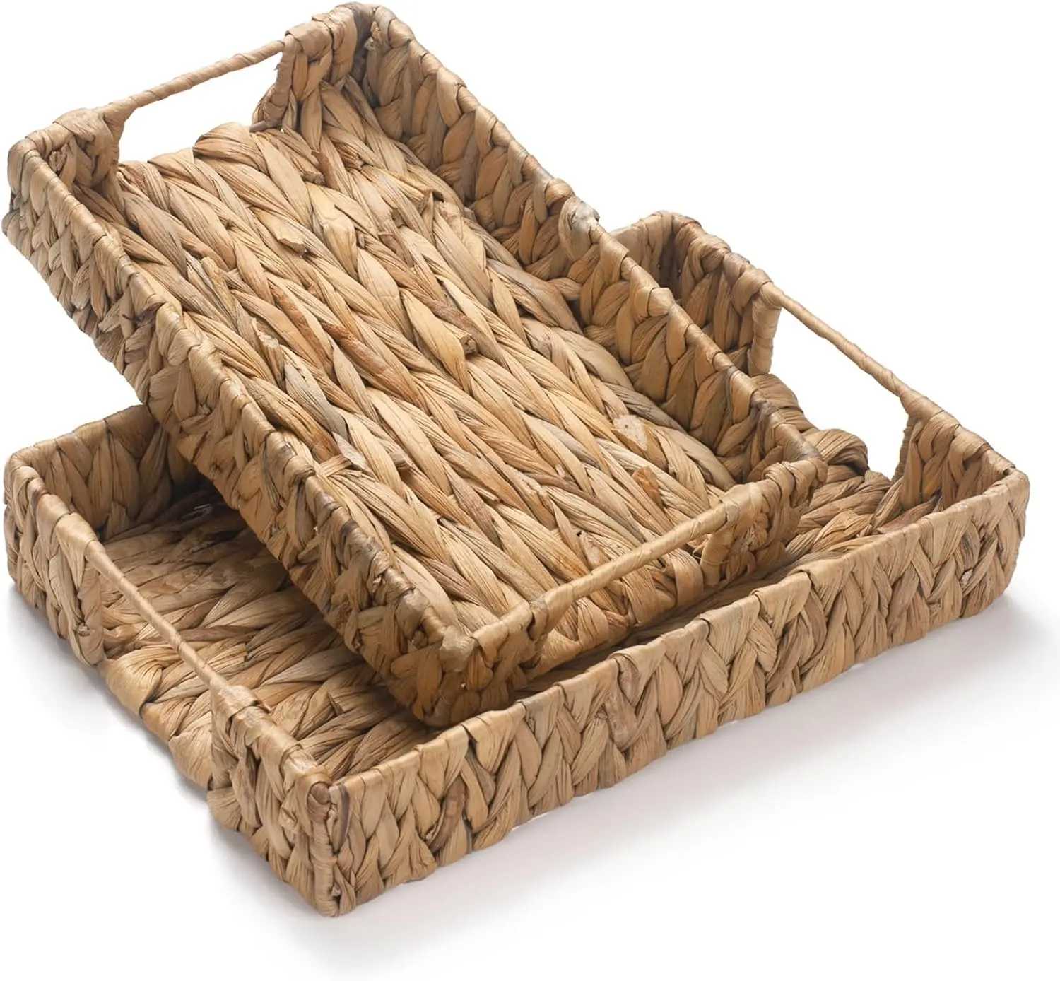 2 Pack Water Hyacinth Tray with Handles, Rectangular Wicker Serving Tray, Woven Serving Basket for Coffee Table, Bathroom, Living Room, Kitchen