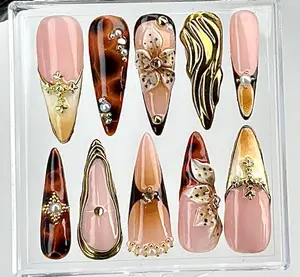 Gold Accented Tortoise Shell Press On Nails | Luxury 3D Fake Nails | Glamorous 3D Nail Art | 3D Floral Acrylic Nails