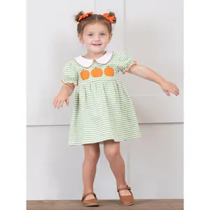 Green Stripe Embroidered Pumpkin Dress