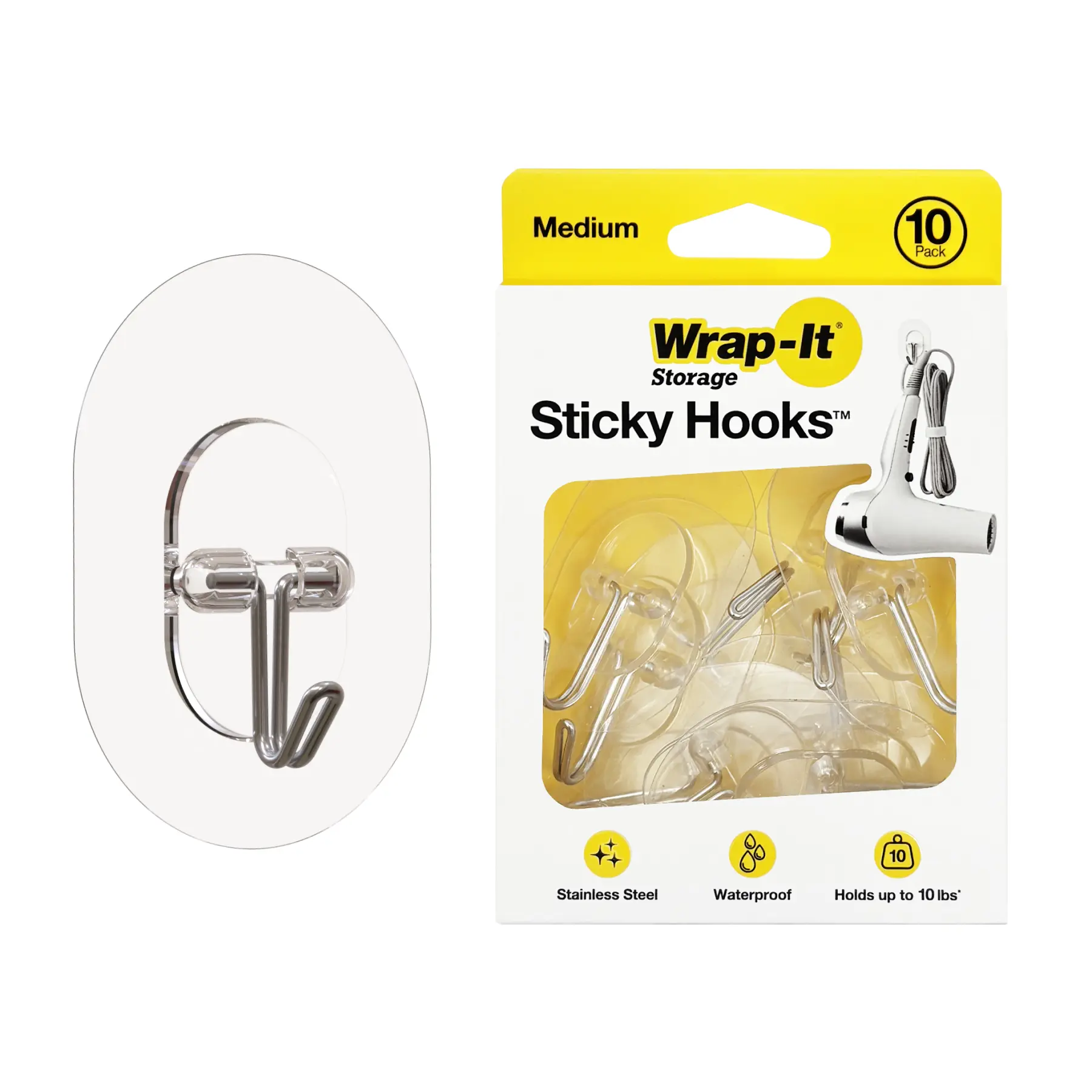 Wrap-It Storage Sticky Hooks - Medium (10-Pack) - Waterproof Clear Adhesive Hooks for Hanging in Bathroom and Under Cabinet Strong Adhesive for Home Organizing