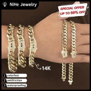 NiHe 14K Gold Plated Cuban Link Chain Bracelet, 7.5/8.5 inch, Thick, Dense, Chunky, Hypoallergenic, Sweat-Resistant, for Men/Women, Trendy Streetwear Accessory, 6-14mm new upgrade