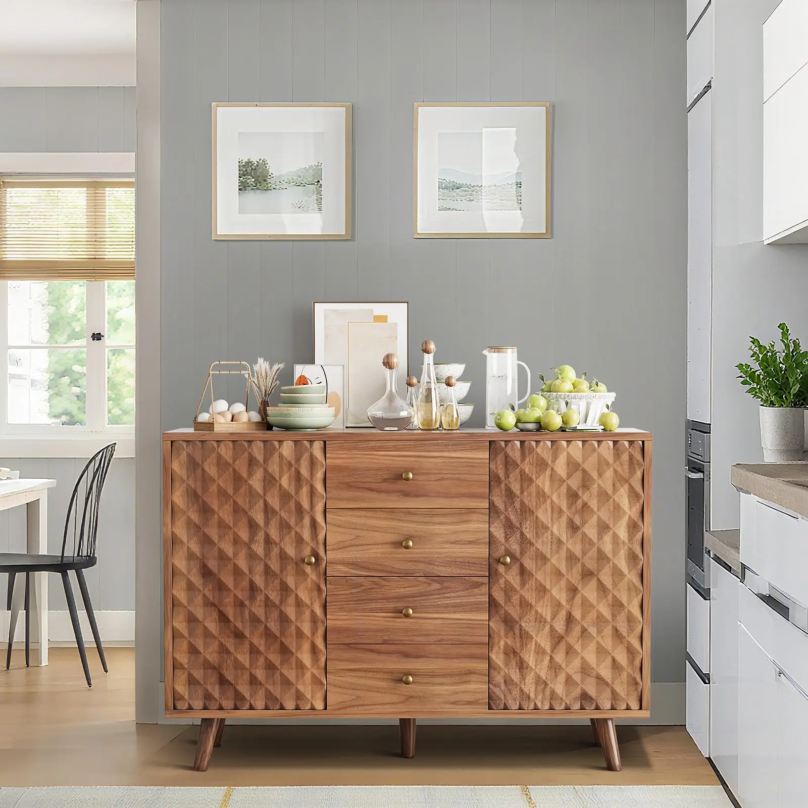 【GARVEE】Farmhouse Buffet Cabinet with Storage, Featuring 2 Doors and 4 Drawers, Mid Century Wood Sideboard for Kitchen, Dining Room, and Living Room