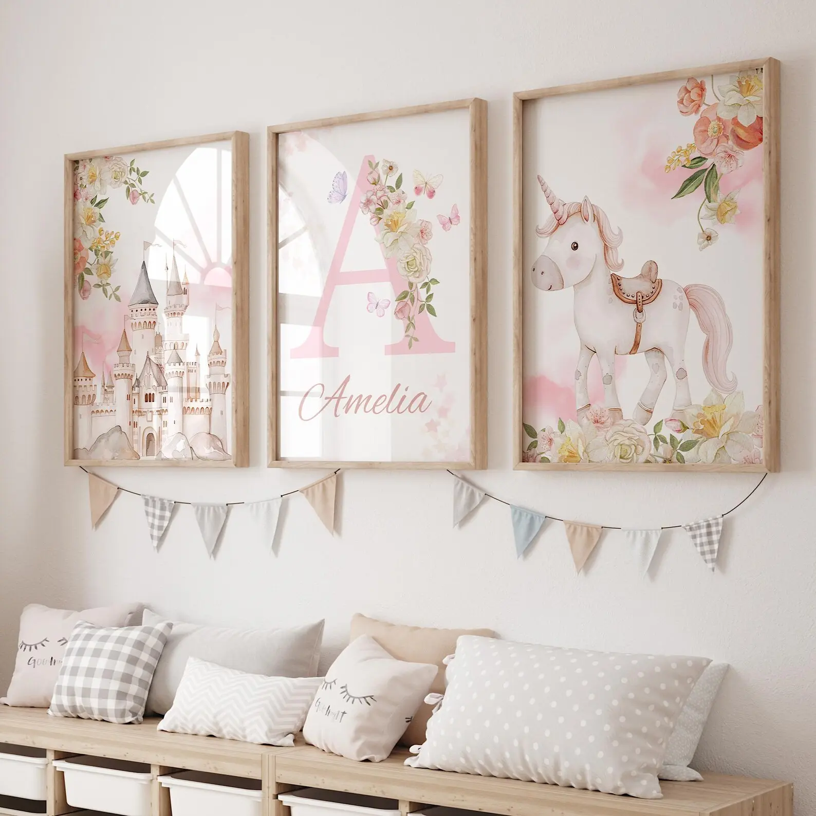 Unicorn Print, Unicorn Nursery Print, Pink Unicorn Decor, Unicorn Girls Room Art, Blush Pink Flowers