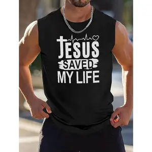 Jesus Saved My Life Men’s Athletic Tank Top - Quick-Dry, Breathable Cotton Singlet with Heart & Cross Graphic Design for Gym, Running, Swimming - Big & Tall Sleeveless Workout Shirt