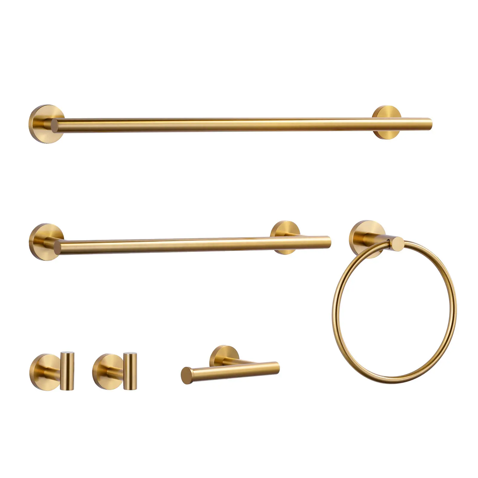 WOWOW 6-Piece Modern Brushed Gold Stainless Steel Wall-Mount Bath Hardware Set for Indoor Bathroom Remodel - Rust-Proof, Includes Ring, Toilet Paper Holder, Towel Hook, Bar, Easy Installation, Resists Daily Scratches, Corrosion and Fading Resistant