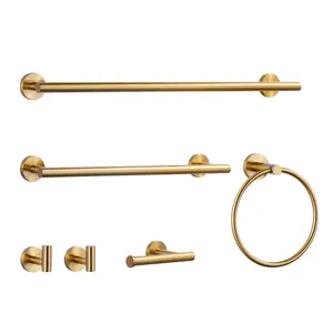 WOWOW 6-Piece Modern Stainless Steel Rust-Proof Indoor Use Wall-Mount Bath Hardware Set - Brushed Gold, Including Ring, Toilet Paper Holder, Hook, and Bar