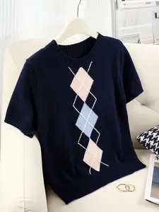 Women's Argyle Pattern Crew Neck Knit Short Sleeve Top | Preppy Style Casual Versatile Fit Tee For Daily Work Wear Knitwear