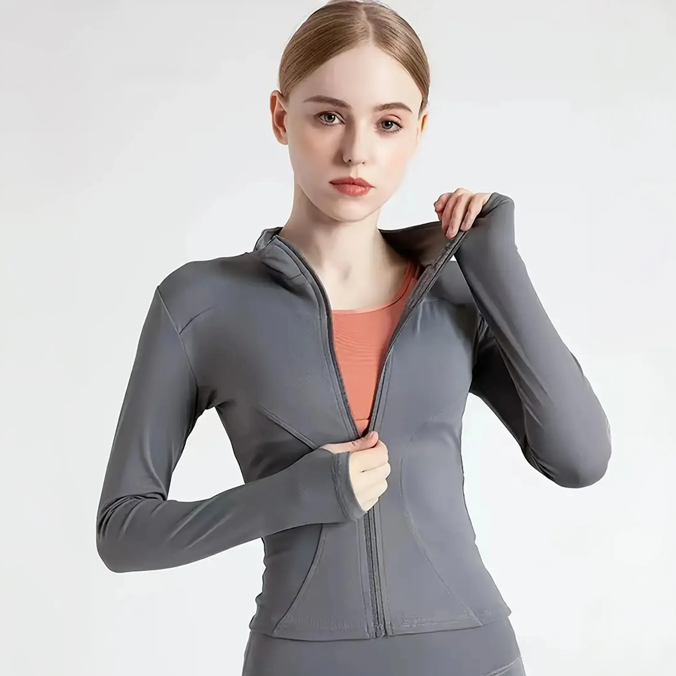 Women's Full Zip Workout jackets Runing Slim Fit Athletic Long Sleeve Tops wIth Thumb Holes