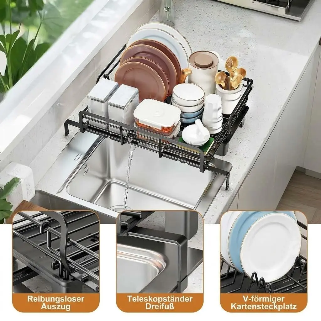 Expandable Dish Drying Rack for Kitchen Countertop, Adjustable and Extendable Dish Drainer, Multi Functional Space Saving Drying Rack for Apartments, RVs, and Small Kitchens