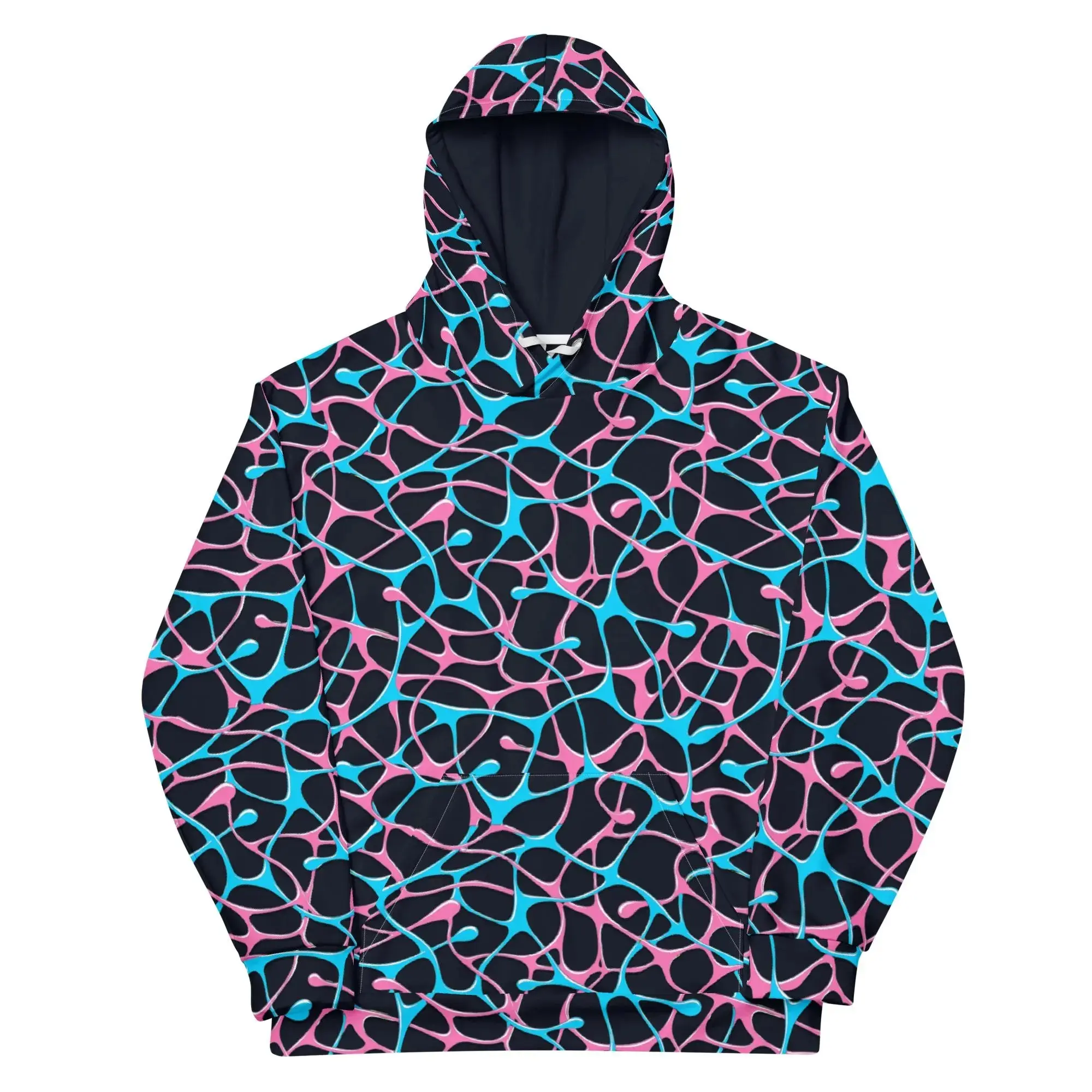 Y2K Hoodie All Over Print, Rave Squiggle Aesthetic Hoodie, Abstract 90s Pullover, Neon Pink Blue Streetwear, Unisex Festival Top