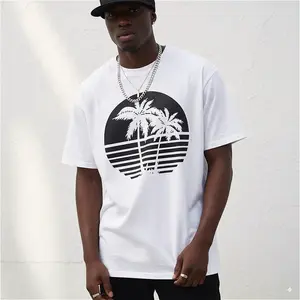 Men'S Navy Blue Coconut Tree Pattern Pure Cotton T-Shirt, Casual Round Neck Short Sleeved T-Shirt, Striped Sunset Design