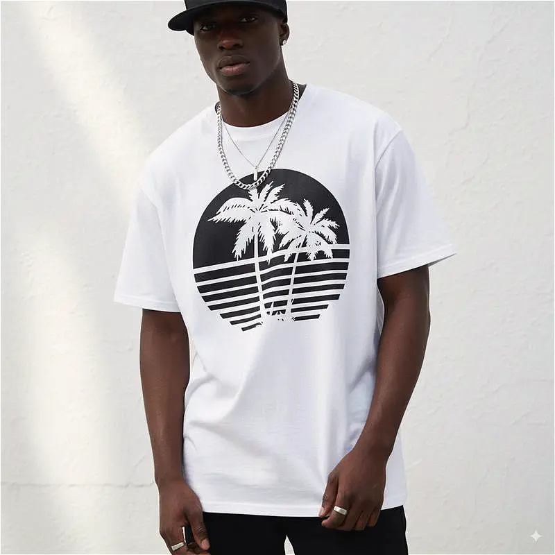 Men'S Navy Blue Coconut Tree Pattern Pure Cotton T-Shirt, Casual Round Neck Short Sleeved T-Shirt, Striped Sunset Design