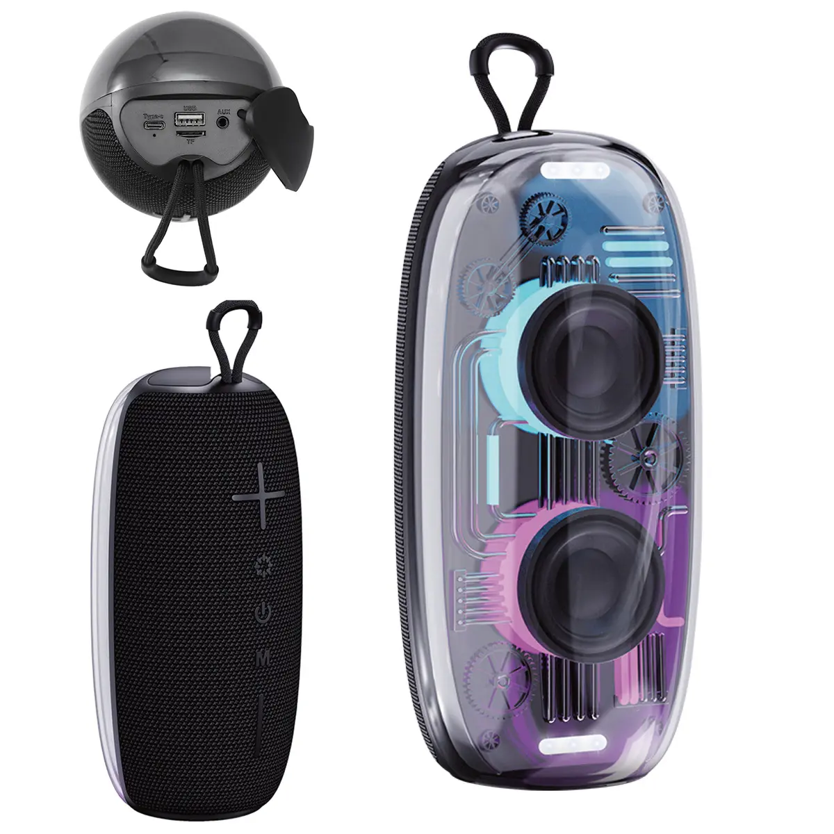 Dual 2" Portable Bluetooth Speaker Rechargeable Wireless Stereo Colorful LED Light Mechanical industrial style transparent Case Speaker