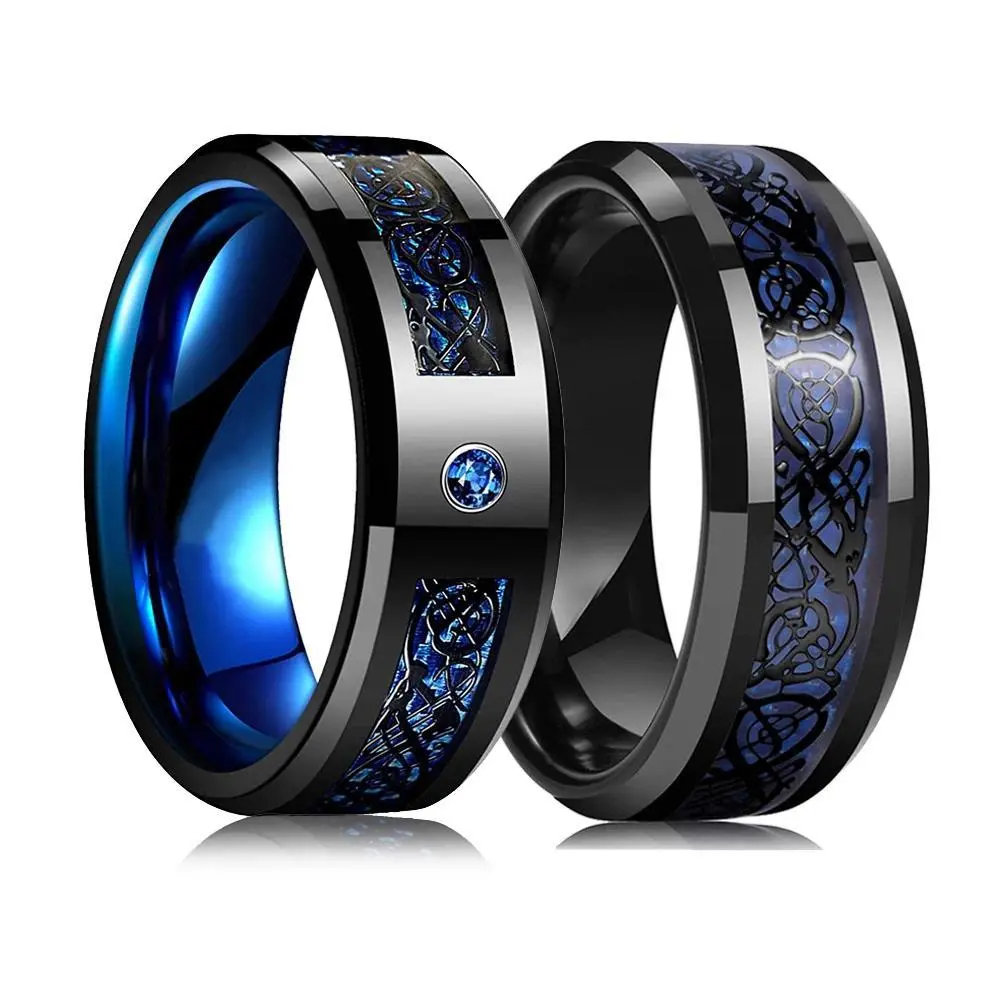 Punk Style Ring for Men, Dark Aesthetic Tungsten Carbide Round Band with a Celtic Dragon Blue Inlay, Dark Aesthetic Rings, Tungsten Carbide Rings