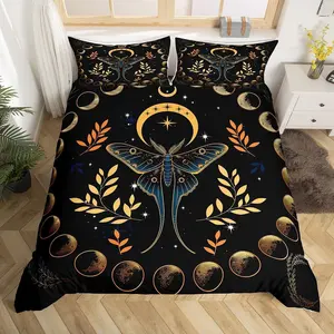 Feelyou Moth Motif Duvet Cover Set - Gothic, Bohemian Stars-Moon-Starry Galaxy, Leaves-Botanical-Exotic Design, Polyester Fiber, Machine Washable, Multi-Size Bedding for Kids, Bedroom Decor