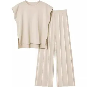 Women's Knit Casual Suit Sleeveless Vest Sweater + Wide Leg Pants Two-Piece Set