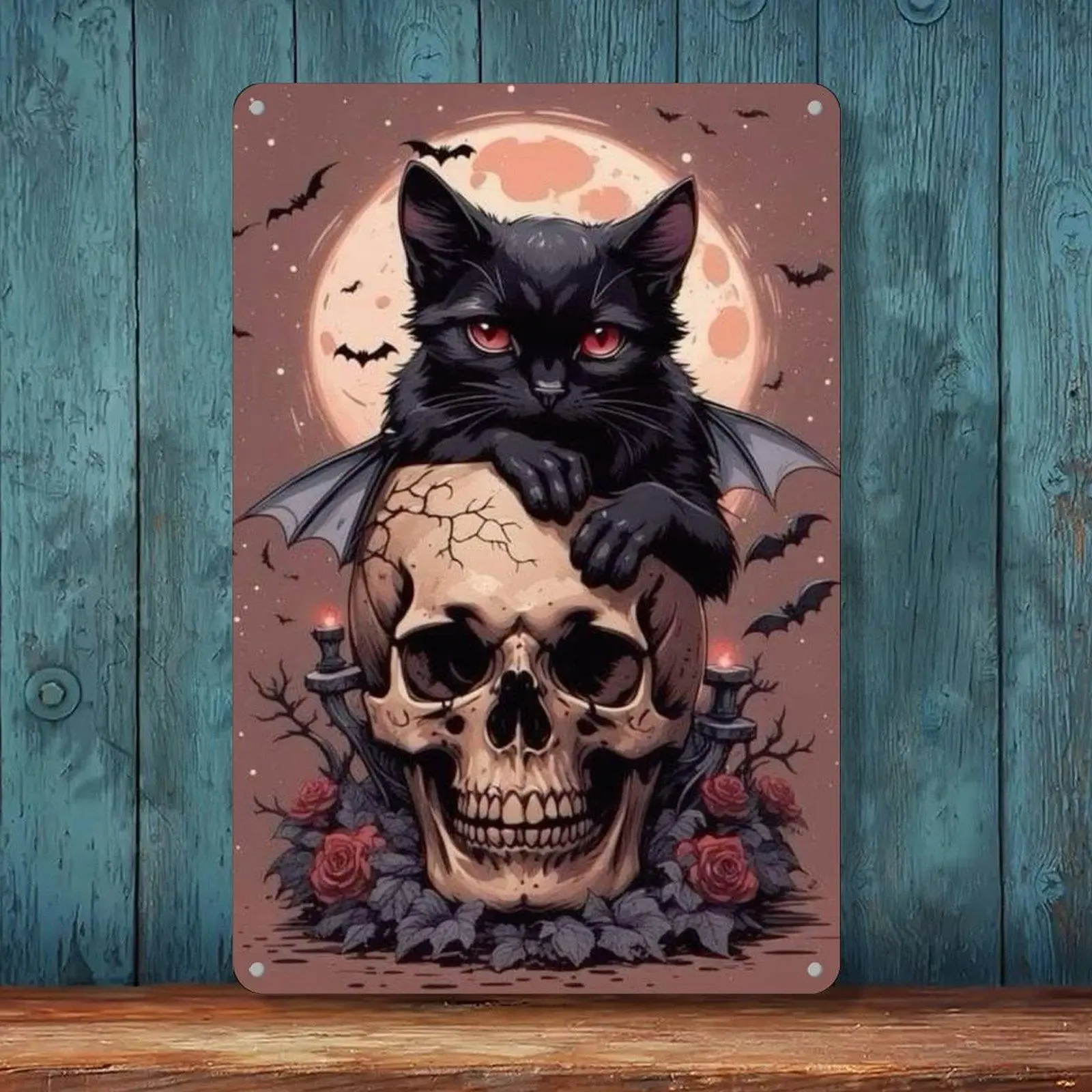 Vintage Retro Iron Gothic Horror Wall Decor Plaque, 8x12 in Tin Sign with Bat Wing, Black Cat, Skull, Red Rose & Full Moon for Witchy Spooky Home Decor