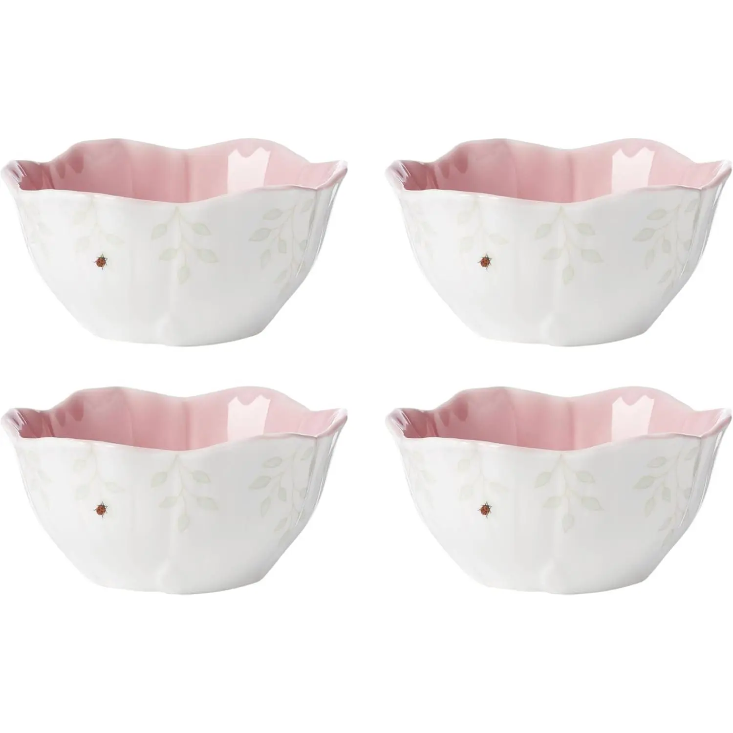 Lenox 4-Piece Ceramic Porcelain Butterfly Meadow Dessert Bowl Set - Pink Tableware Dinnerware Set, Adorned with Bumblebees, Vibrant Flowers, Dragonflies, Scalloped Edges, Mix-Match Compatible, Dinnerware Sets