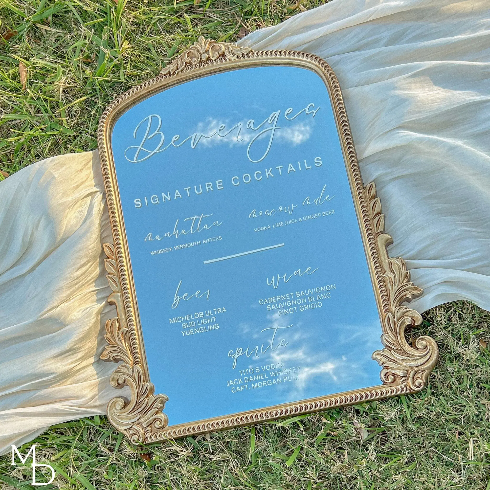 Wedding Bar Signature Drinks Cocktail Menu Signage on Gold Arch Mirror