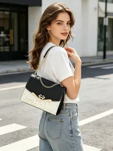 Elegant Two-Tone Shoulder Bag for Women, Gold Chain Strap Crossbody Purse with Heart Lock, Star Print Satchel for Office & Party