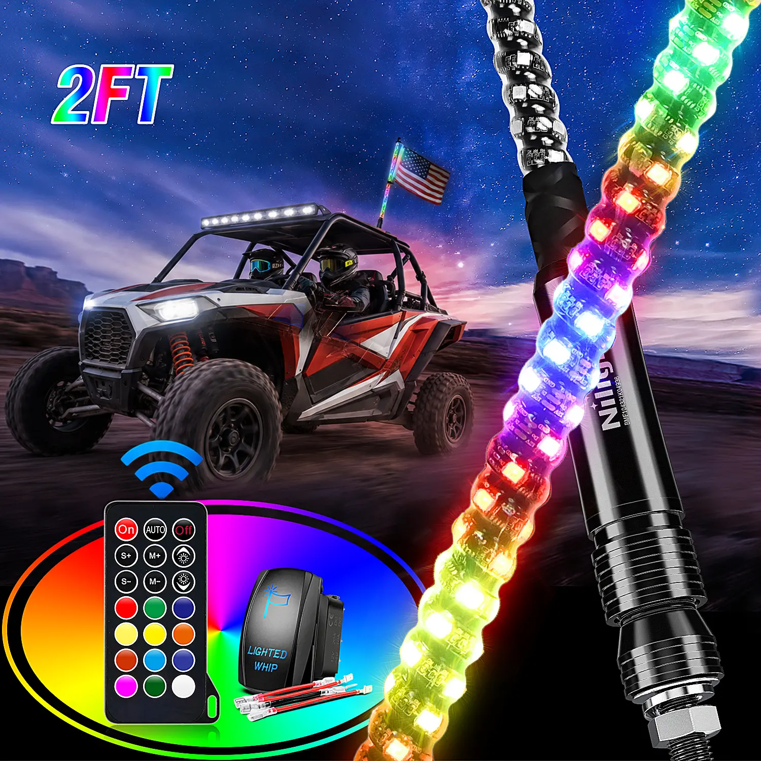 Nilight Spiral Dynamic LED Whip (2FT/3FT/4FT/5FT/6FT) - Vibrant RGB Lighting, Adjustable Brightness, Chasing/Dancing Modes, RF Remote Control - Offroad Lighted Antenna for Can-am, Polaris ATV UTV RZR, Dynamic LED Lights