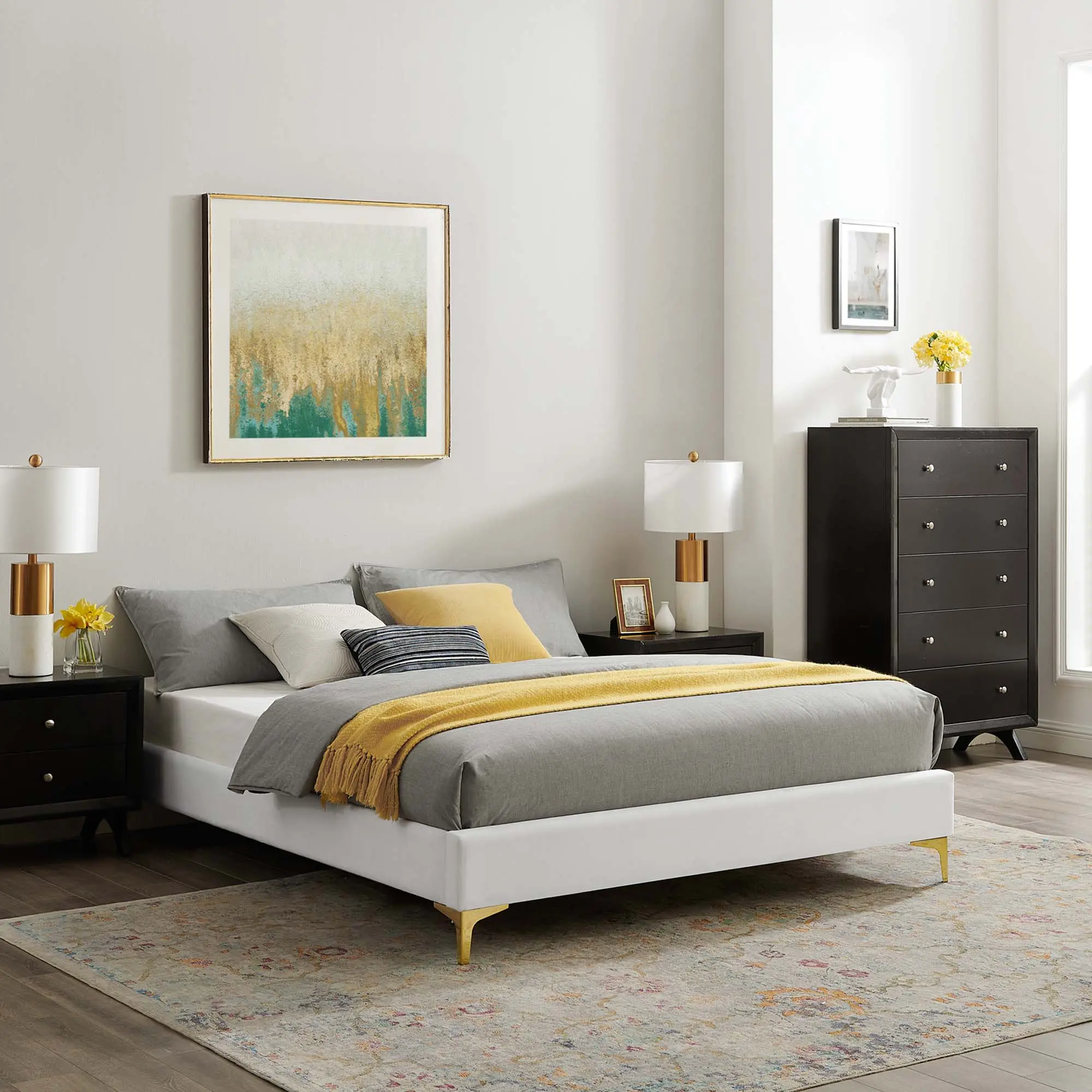 Modway Sutton Twin Upholstered Bed Frame - White Performance Velvet, Fabric Upholstered, Flat Padded, MDF Frame, Assembly Required