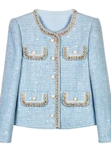 Women's Glitter Sequin Faux Pearl & Rhinestones Decorated Jacket, Elegant Fashion Casual Button Outerwear for Daily Outdoor Wear, Women Clothing for Spring Fall,  Jackets for Women