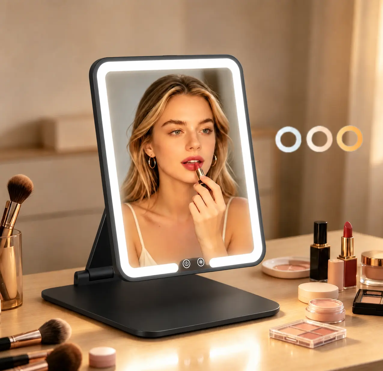 Auxmir Rechargeable Foldable Travel Makeup Mirror - Adjustable LED Light, 3 Color Modes & Dimmable Brightness, Touch Control, Adjustable Height & Angle, Portable Rectangular Compact for Travelers & Gifts