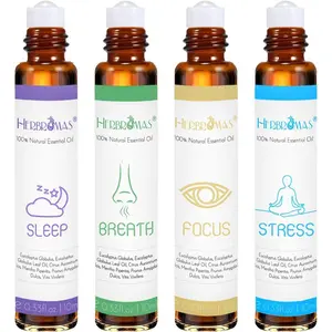 Aromatherapy Oils Roller Set, Natural Pre-diluted Essential Oils Roll On with Glass Rollerball, Relaxation Gift for Women & Men, Christmas Gift, Pack 4 x 0.33fl.oz