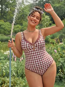 ONYX x Swim Mod Plus Size One-Piece Plaid&Polka Dot Print Scoop Neck Detachable Strap Women Swimsuit,Purple,Summer,1920s,Beach,Wedding,Holiday Resort Wear Swimwear