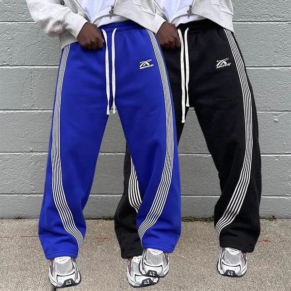 Men’s two-pack jogger sweatpants with vertical stripes on the sides — embroidered drawstring casual long pants, American retro high-street loose hip-hop style long pants