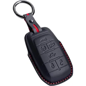 Genuine Leather Keyless Entry Remote Control Smart Key Case Cover with Leather Key Strap Compatible with Dodge RAM 1500,2500, 3500, 4500, 5500 2019 - 2025 Key Shell (Black, 6-Button)