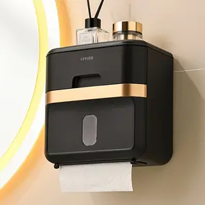 Sleek Black and Golden Wall-Mounted Tissue Box with Drawer Waterproof No-Install Toilet Paper Dispenser, Modern Bathroom Storage Organizer for Stylish and Functional Bathroom Upgrade, Bathroom Organizers And Storage Tissue box