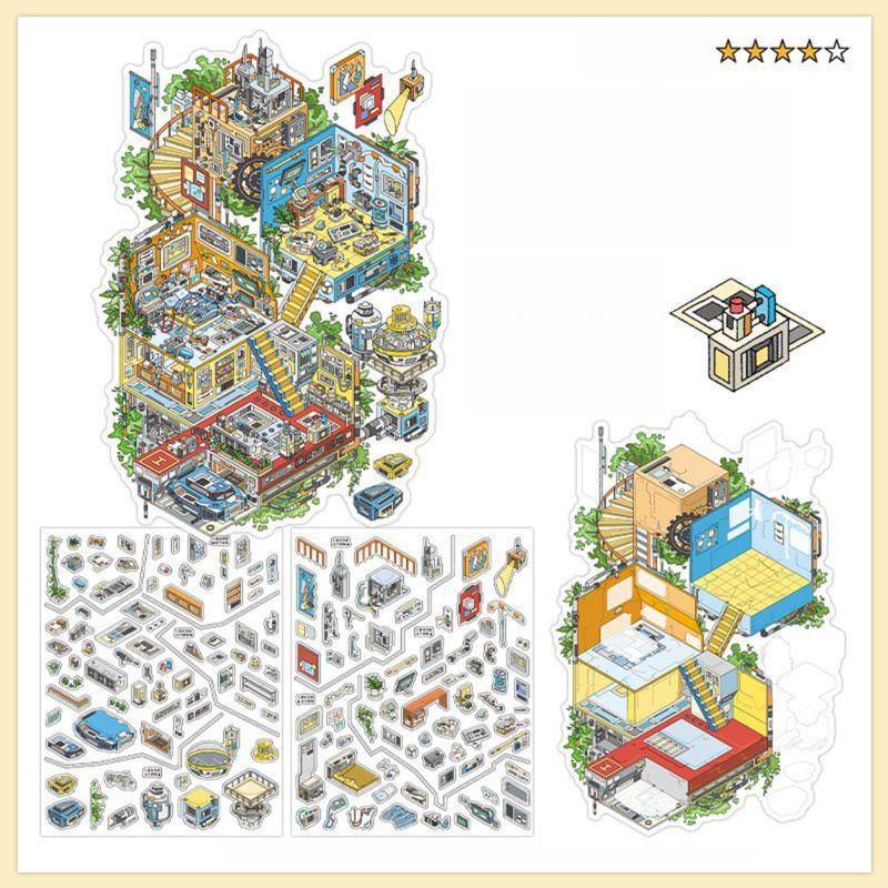 12 oversized scene stickers, fun scene themes, vintage style, PET white card dual materials, self adhesive, DIY journal decoration scrapbook notebook material sticker pack