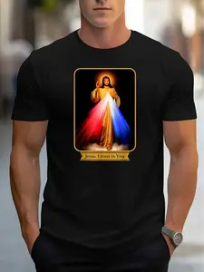 Men'S T-Shirt Featuring a Divine Image of with Red And Blue Rays, Accompanied by The Phrase 'Trust in You.'Perfect for Faithful Wear Throughout The Year, Making It an Ideal Gift for Christians And Religious Enthusiasts
