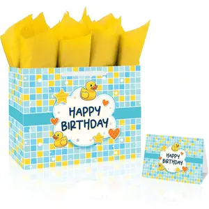 Large 13" Cute Duck Birthday  Bag with Handles, Greeting Card, and Tissue Papers Goose Farm  themed for  Birthday Party, Boys, Girl,  boy,  Shower School Favors Full