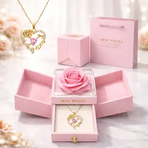 Heart Pendant Necklace with Rose Gift Set- Love Heart gold Necklace for Mama Grandma, Perfect for Mother's Day Birthday and Holiday Valentine's Day Gifts for Mom Dainty Layering Jewelry