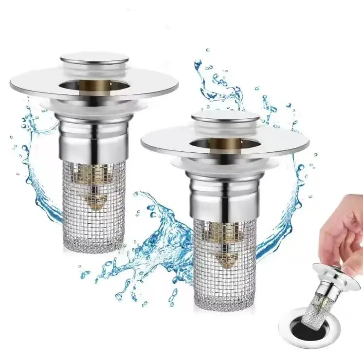 Universal Pop-Up Sink Stopper with Hair Strainer – Durable Stainless Steel Drain Filter for Bathrooms