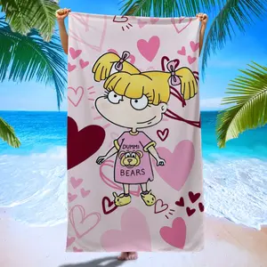 Angelica Heart Theme Beach Towel, Cartoon Girl Print, Super Absorbent Quick Dry, Reusable Sun Protection, Perfect Gift for Family & Friends