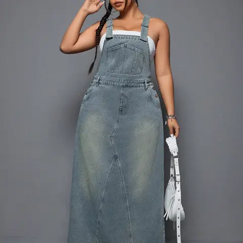 Summer Boho Plus Size Strap Backless Long Denim Dress, Casual Boho Chic Fashionable Women's Clothing, Comfortable and Stylish Womenswear, Boho Casual Style