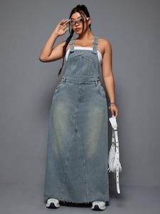 Summer Hot Girl Style Plus Size Fuzzy Denim Backless Long Dress, Casual Fashionable Women's Clothing, Womenswear, Comfortable and Stylish