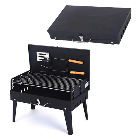 Portable Charcoal Hibachi BBQ Grill - Foldable Square Stove with Double-Sided Fireproof Design, Stainless Steel Quick-Clean Grate, Grid Lifter, Food Lock Fire Pit, Yakitori Ready for Backyard, Patio, Picnics | Portable BBQs, Barbecue Grill, BBQ Setup