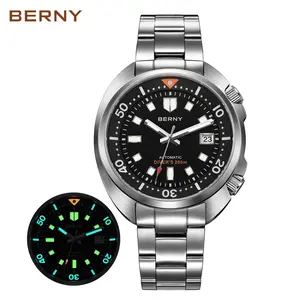 BERNY Automatic Diver Watch for Men - 44mm Cushion Case Dive Watch, 200M Waterproof, Japanese Mechanical Movement, Sapphire Crystal, 316L Stainless Steel, Super Luminous, Date Window, Retro Style Timepiece, Father's Day Gift, Summervibes