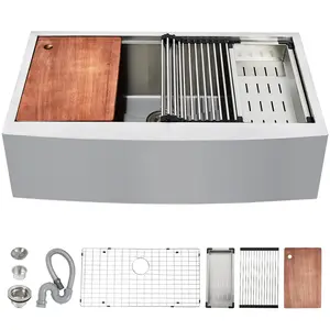 GARVEE 33 Inch Stainless Steel Farmhouse Sink Workstation, 33x22 Apron Front Farm Sink Workstation 16 Gauge Single Bowl Farmhouse Kitchen Sinks with Cutting Board Single Bowl Kitchen with Accessories