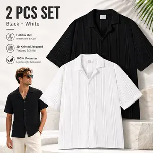 Men's breathable knitted shirt set (2 pieces), featuring a hollow-out jacquard design, 3D texture, and lightweight breathability - ideal for casual wear, outdoor activities, travel, and ideal for summer wear.