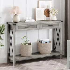 Farmhouse Entryway Table, Grey Console Table with Rattan Drawers, 43" Sofa Table with Storage, Console Tables for Entryway, Living Room, Hallway, Foyer-Grey